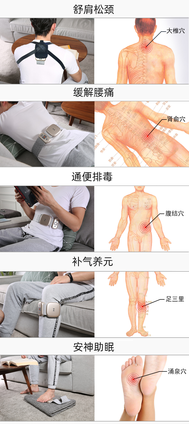 舒肩松頸、緩解腰痛、通便排毒、補氣養(yǎng)元、安神助眠